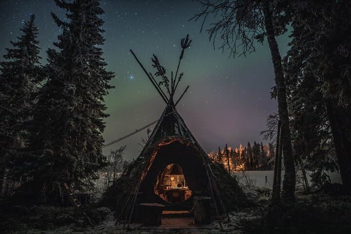 Arctic lake Aurora Hunt, in a cozy Lappish Tipi